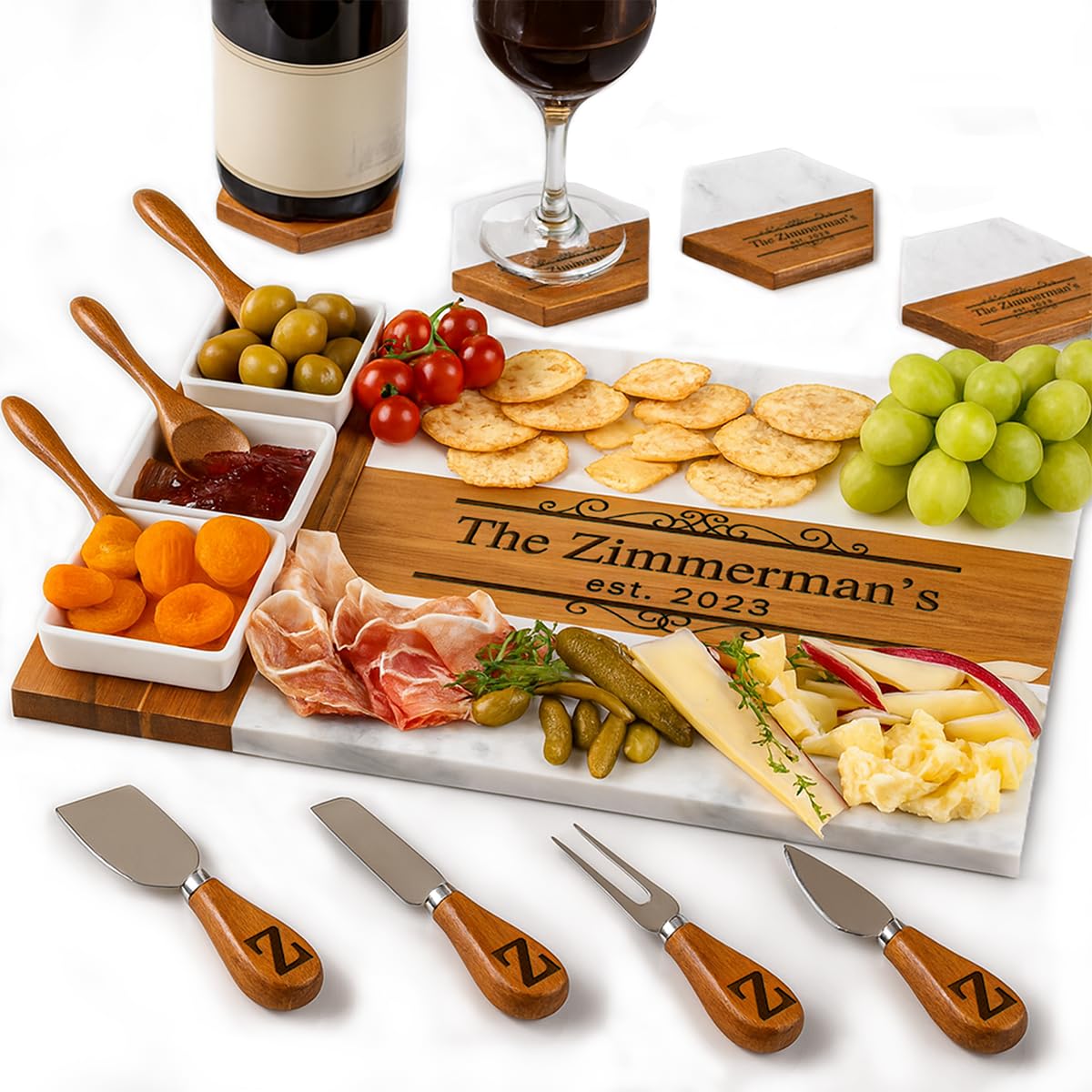 Personalized Engraved Wood & Marble Charcuterie Board Set with Cheese Knives — gift idea