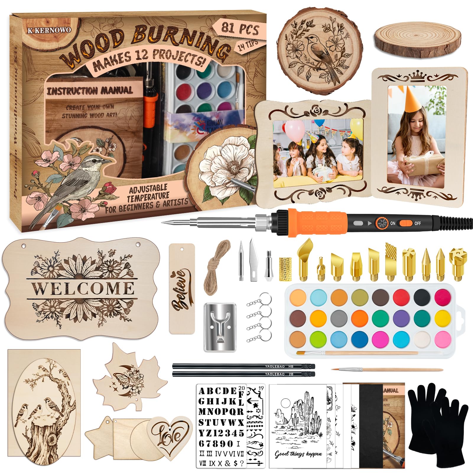 K KERNOWO Wood Burning Kit, 81 Pieces with Paints — gift idea