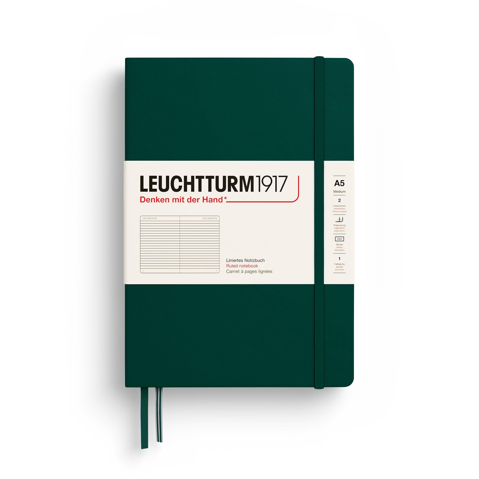 LEUCHTTURM1917 Medium A5 Hardcover Notebook, Forest Green, Ruled — gift idea