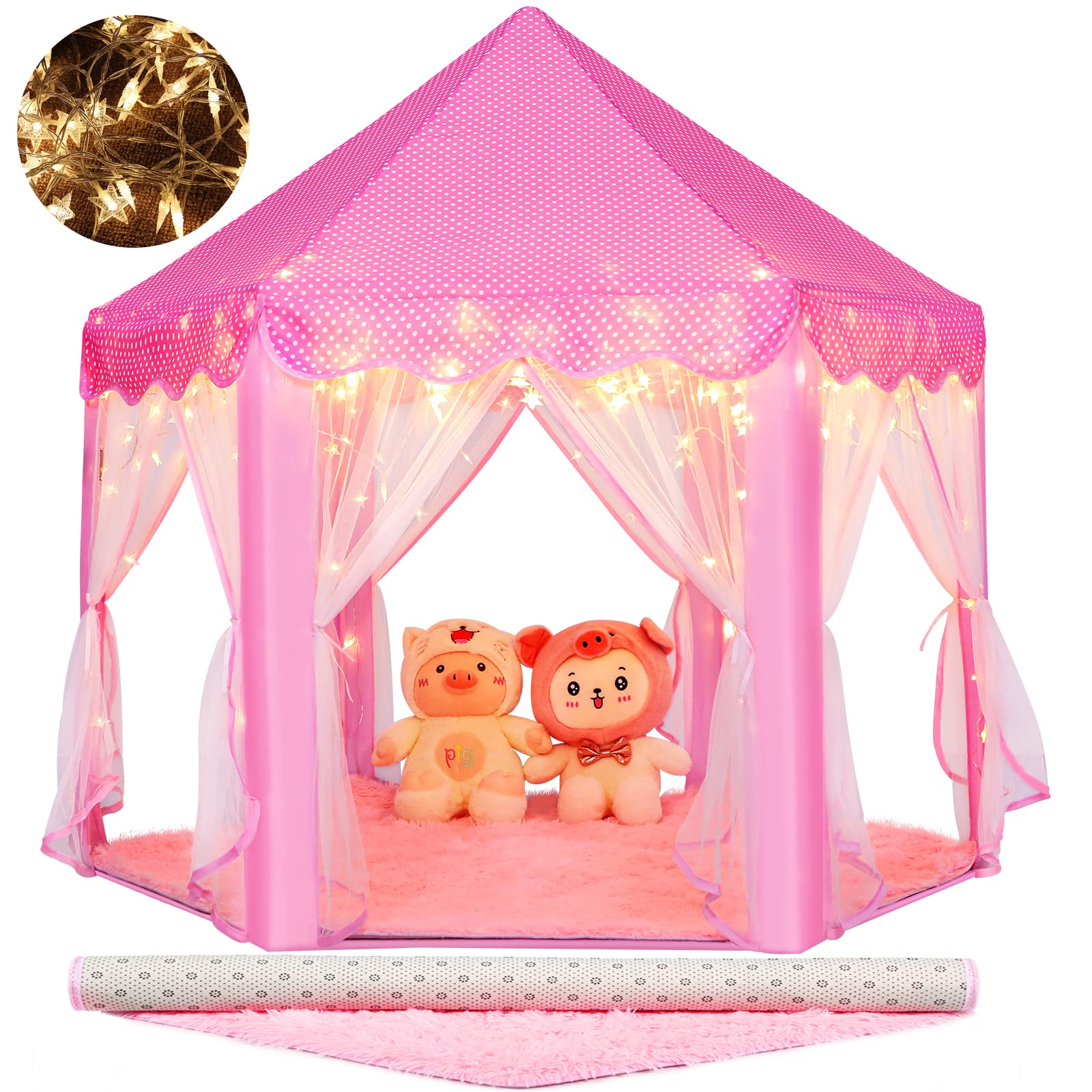 Monobeach Princess Tent Girls Large Playhouse Kids Castle Play Tent with Star Lights, 55" x 53" (Pink Princess with Play Mat) — funny gift