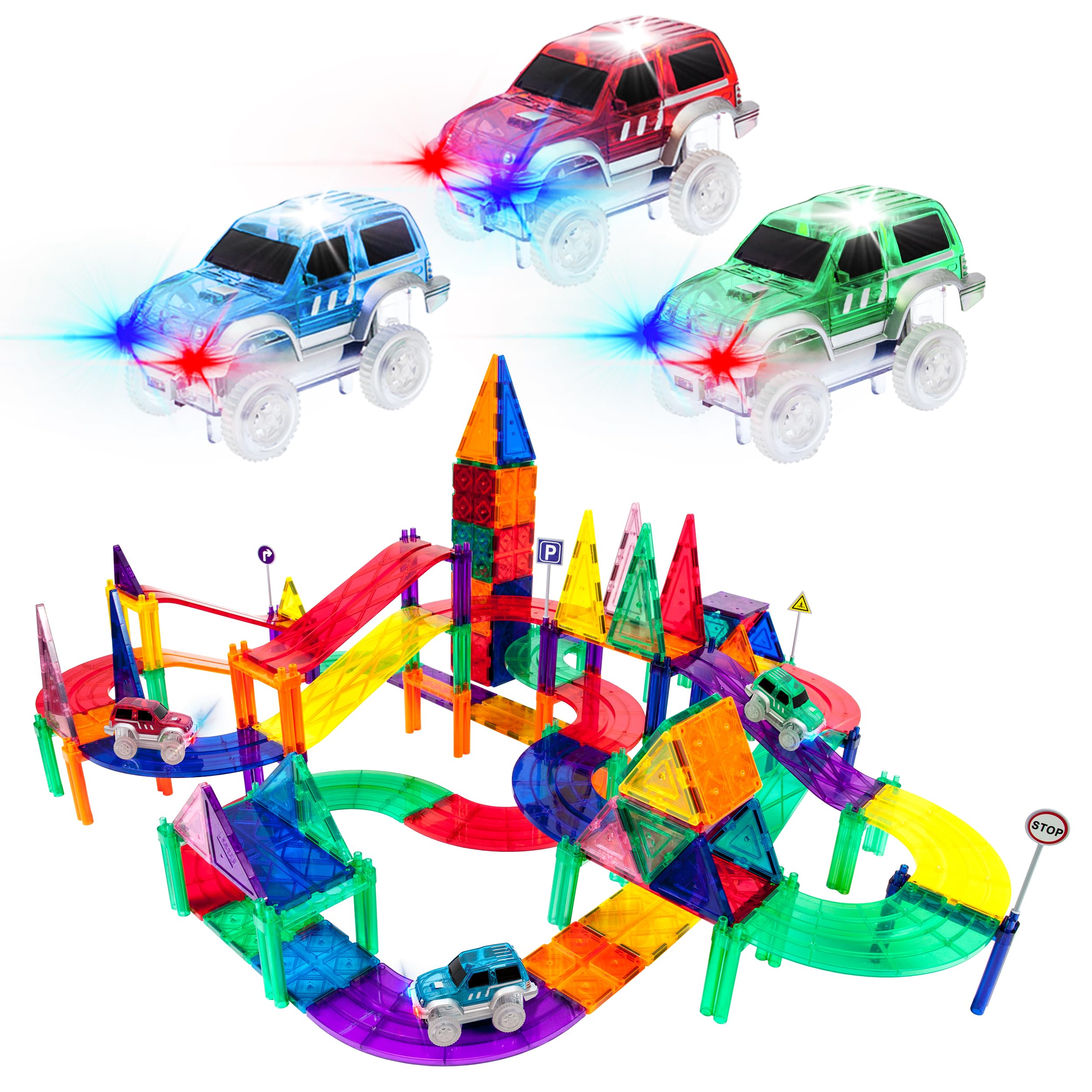PicassoTiles 128-Piece Magnetic Race Track with 3 LED Cars — gift idea