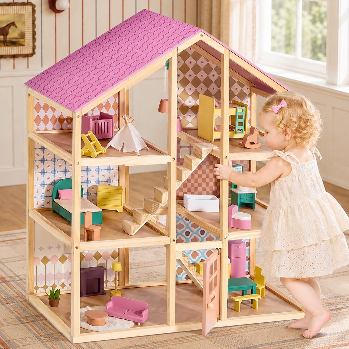 Tiny Land Wooden Dollhouse, 6 Rooms — gift idea