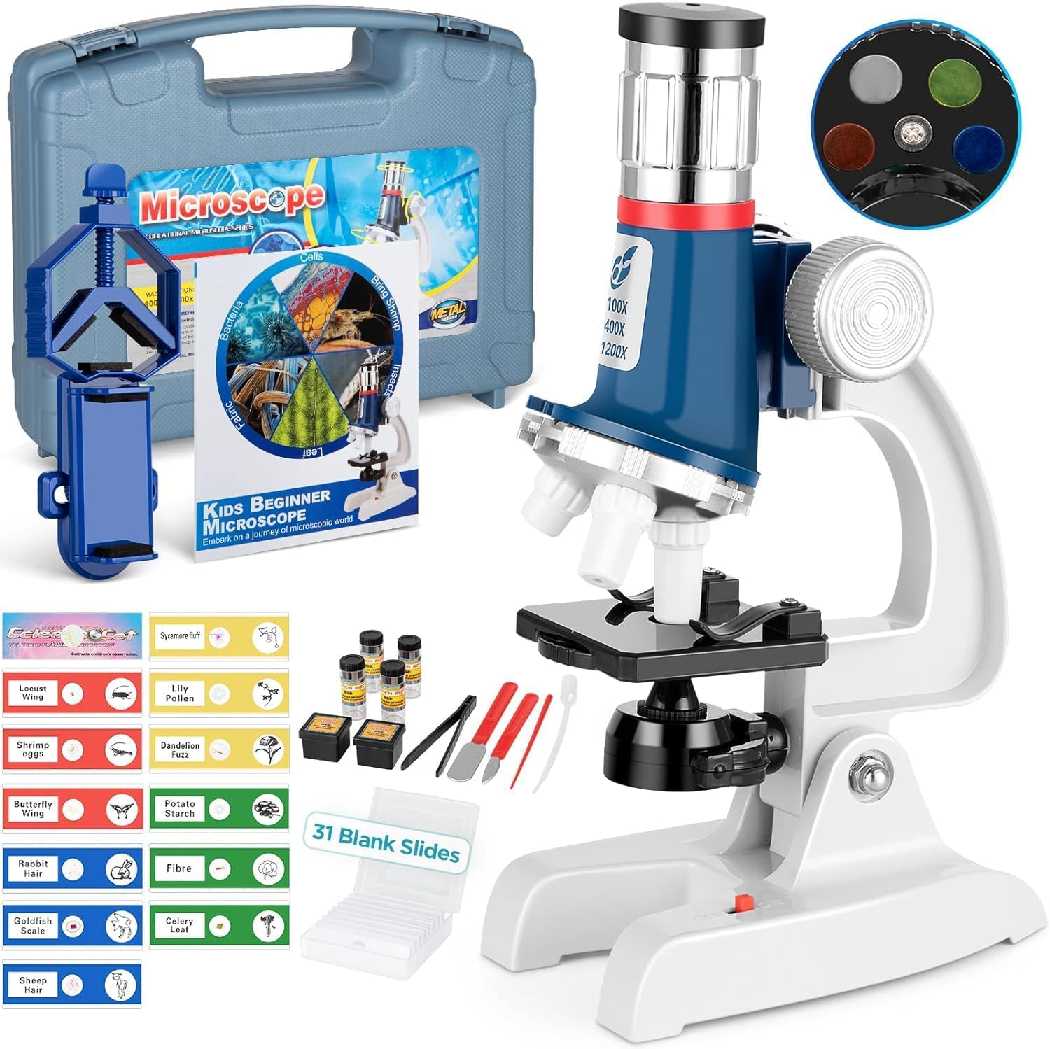 58-Piece Kids Microscope Kit - 100X-1200X Magnification, Metal Body, LED Light — original gift idea