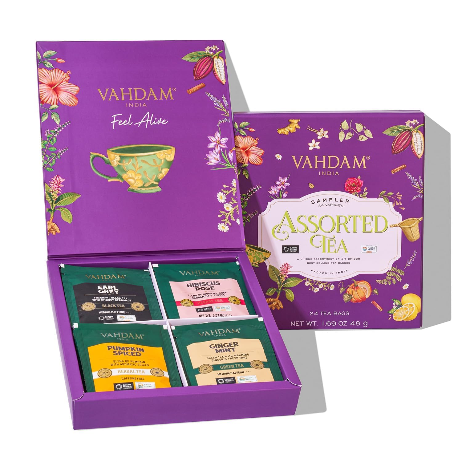 VAHDAM Assorted Tea Sampler, 24 Pyramid Bags — gift idea